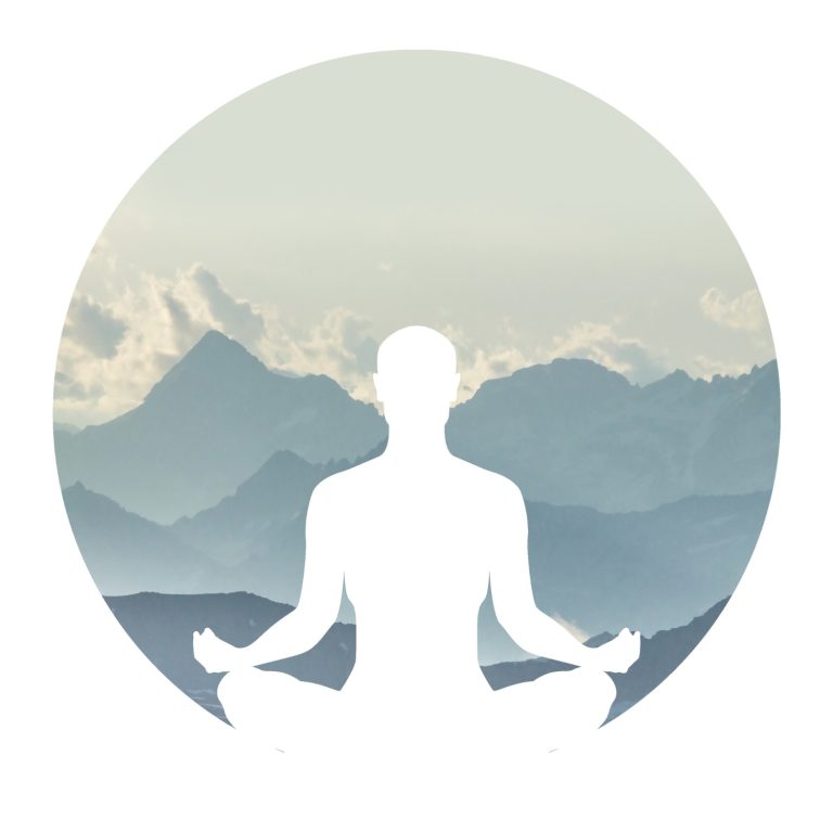A symbolic graphic depicting a person meditating in the mountains - meditation classes in the Newbury area