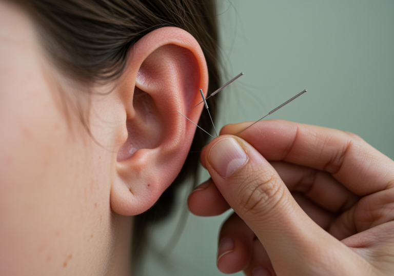 Peaceful client receiving ear acupuncture treatment